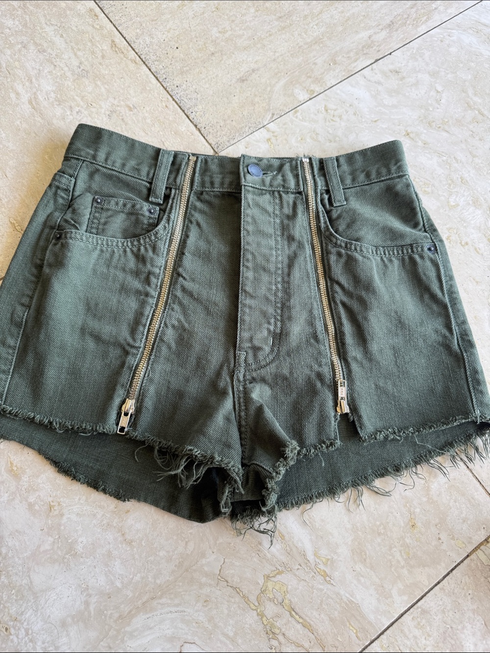 High-Waist Olive Green Denim Shorts with Dual Front Zips